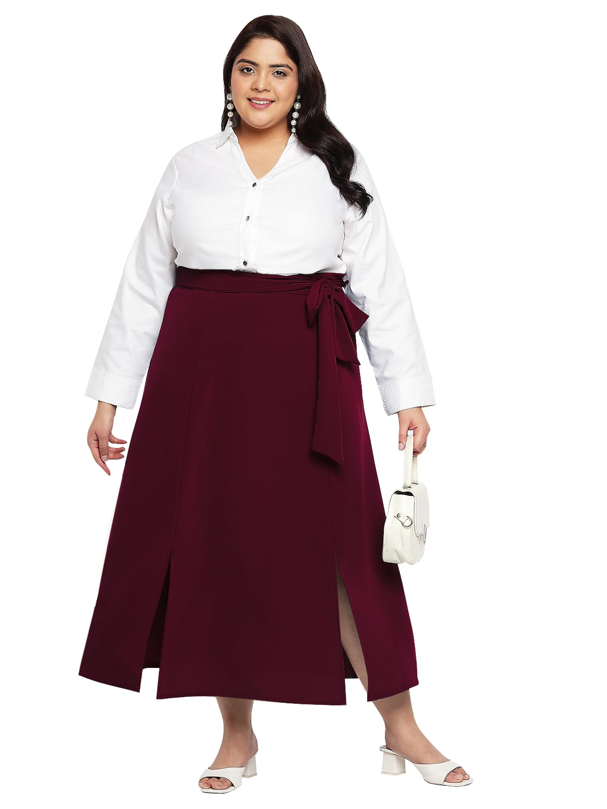 wild u Women Plus Size Skirt | Long Skirt | A-Line Midi | Slits | Premium Crepe | Stylish | (Maroon, 3XL-4XL / Waist - 38"-48")-picture-35