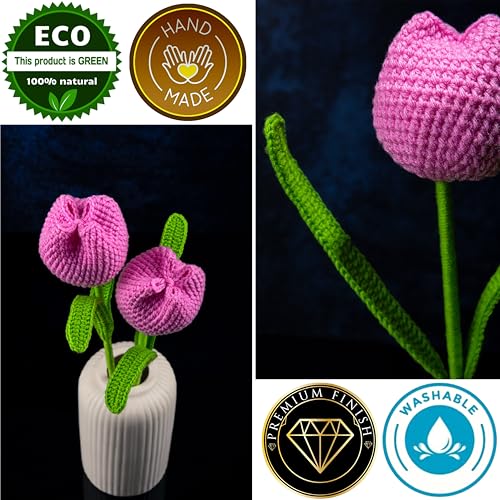 Image of Tulip Crochet Flowers | Handcrafted Artificial Faux Woolen Flower with Long Stem | Natural Looking Knitted Flower for Home, Living Room, Vase & Bouquet Decoration & Gifting | Pink- 2 Pcs