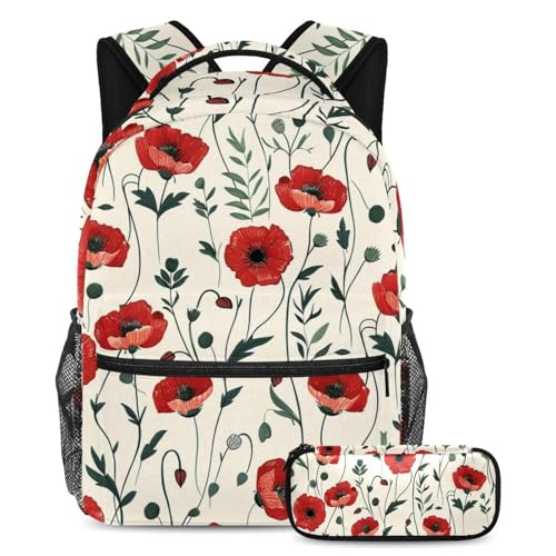 Sac à dos Art Red Poppy Meadow grand format avec trousse scolaire assortie pour les élèves