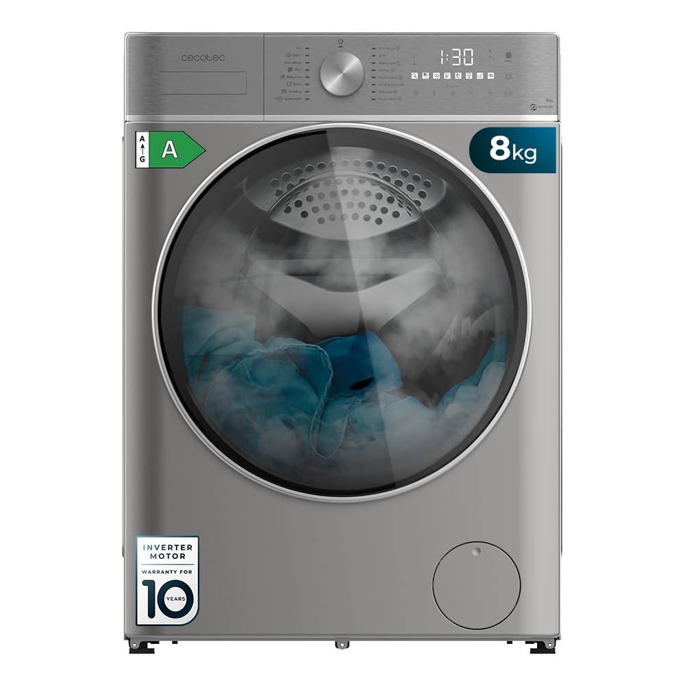 Cecotec Washing Machine Dryer Front Load 8kg-5kg Bolero Wash&Dry 8580 Inverter Steel B. 1400 rpm, 16 Programs, Inverter Plus Motor, Class A, Fuzzy Logic, Smooth Wash, SpaCare, Stain Match, Steel