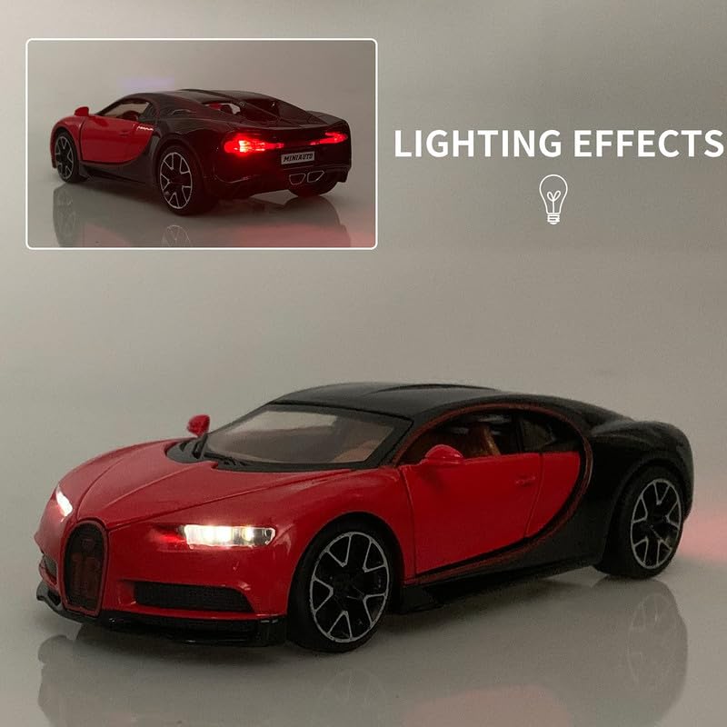 Image of Kids Model 1:32 Bugatti Chiron Die Cast Metal Car Pull Back Action Opening Doors with Realistic Engine Sound Lights Toy Car Gift for Boys - Red