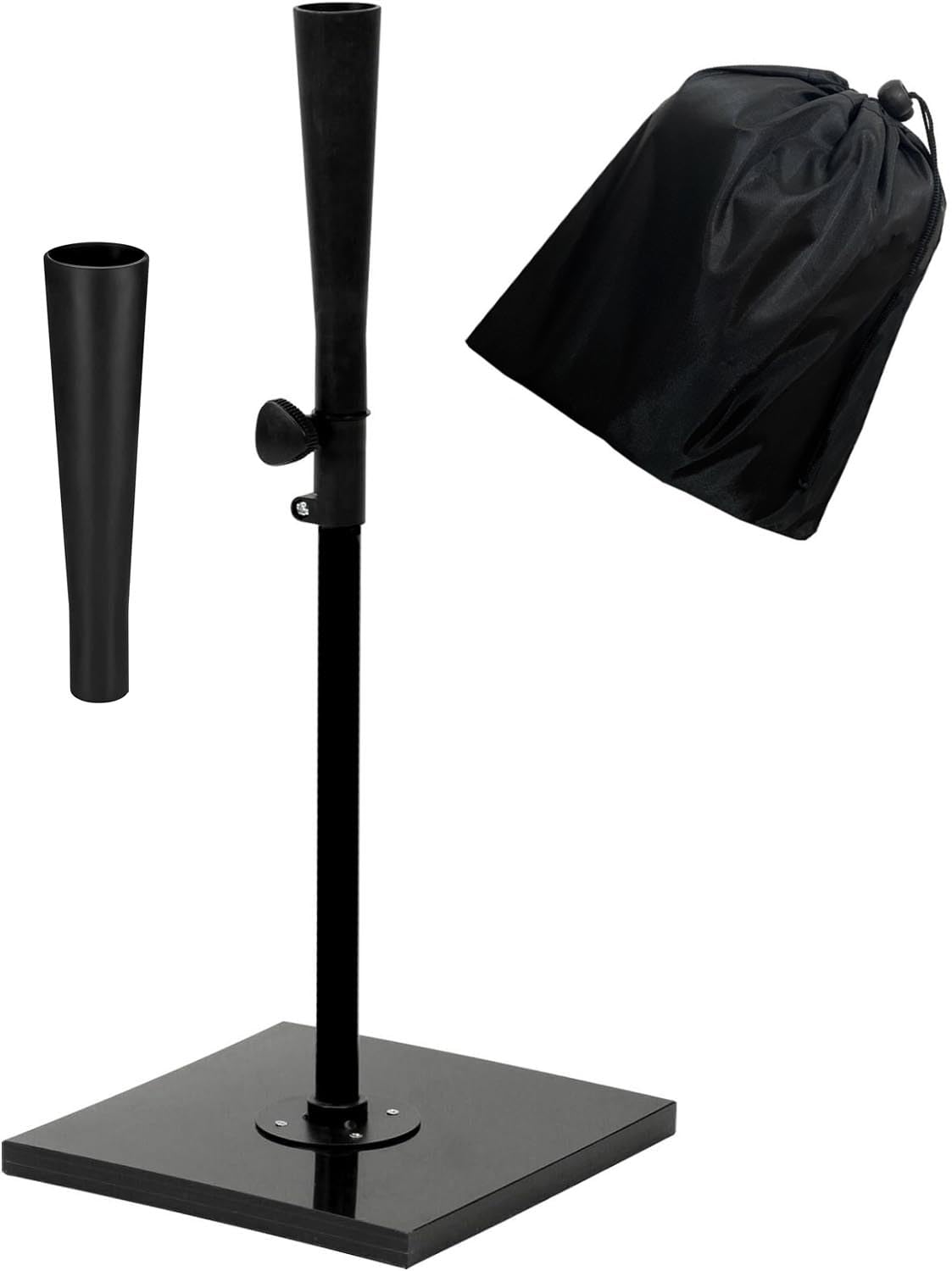 バッティングティー バッティング 60~94cm 少年大人野球ボール置きティー 練習道具 ティースタンド「交換用ソフトラバー1個付属」ボールホルダー硬式 軟式 ソフトボール 兼用 段階式 練習 打撃 試合 スポーツ トレーニング置きティー 持ち運び 収納袋付き 平板タイプ ブラック