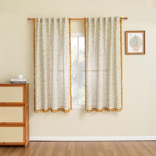Image of MYSKY HOME Floral Boho Linen Curtains 63 Inch Long 2 Panels Set with Yellow Tassels Farmhouse Semi Sheer Bohemian Living Room Bedroom Window Curtains Rustic Country Back Tab, 50 inchW, Green Leaf Pattern