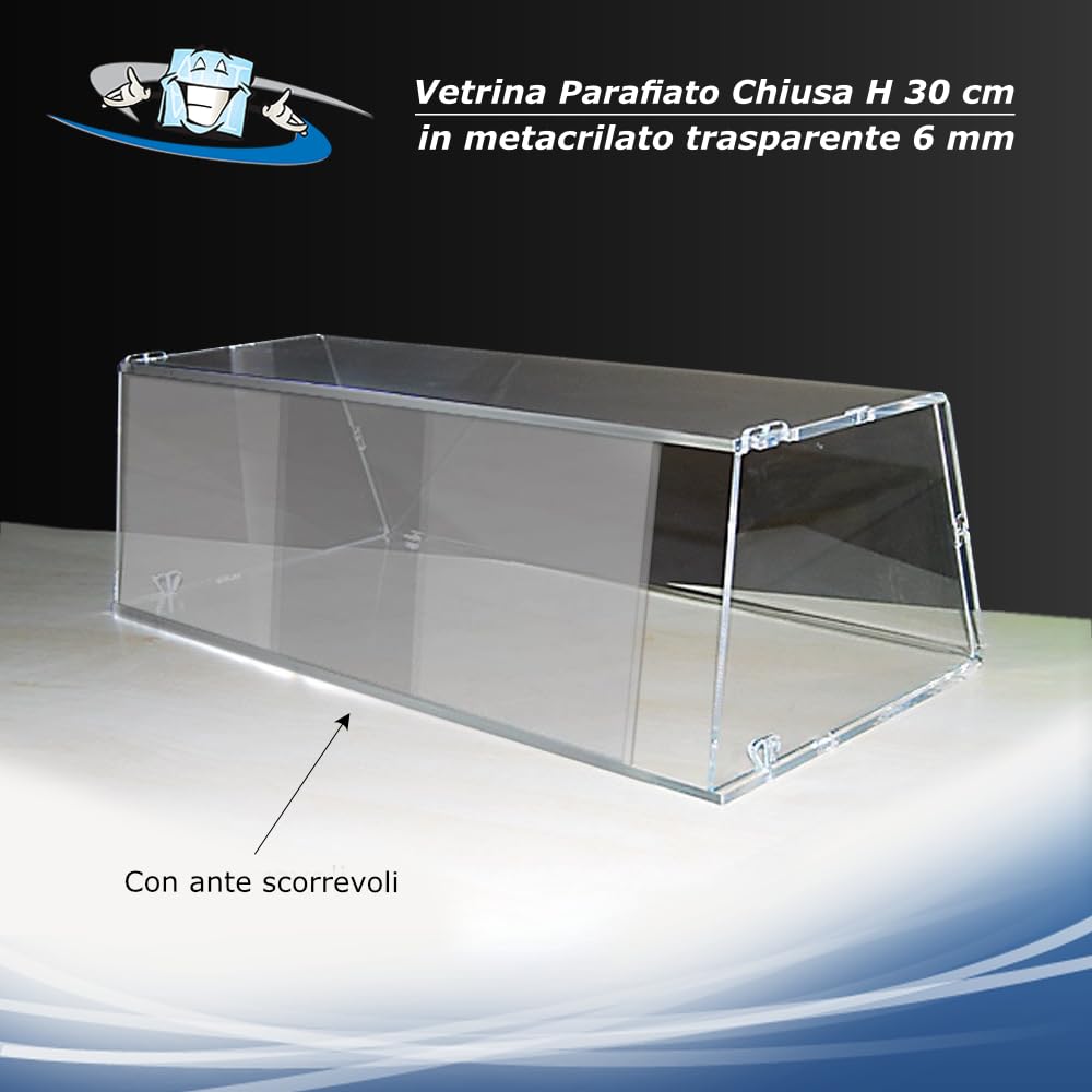 Vetrina da banco in plexiglass trasparente per alimenti H 30 cm aperta o chiusa su 3 lati disponibile con o senza sportello