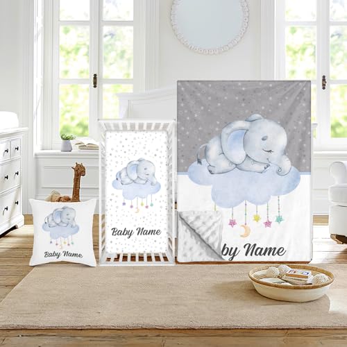 Duckbe Custom Crib Bedding Set - Elephant Design Personalized Name Baby Nursery Bed 3 Pcs Set - Chic Soft Blanket with Dotted Backing, Sheet, Pillowcase for Newborn Girls Boys Gifts Color17
