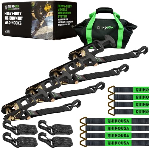 Rhino USA Car Tie Down Straps for Trailers with J Hooks (4-Pack) 2 x8 (10 000lb Break Strength) Heavy Duty Car Hauler Tire Straps with Axle Straps for UTV Powersports & More Black