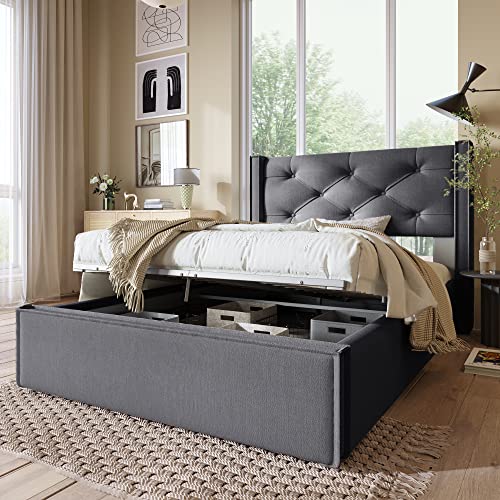 NuvlaGu Cama doble tapizada hidráulica de 140 x 200 cm, cama con somier de láminas de metal, moderno marco de cama con almacenamiento, algodón, gris + algodón + 90 cm x 200 cm