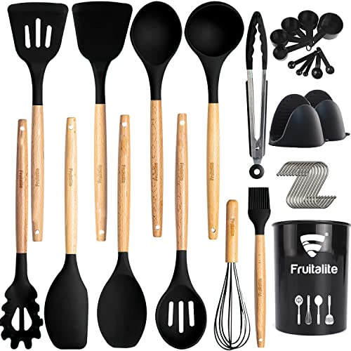 Fruitalite Silicone Kitchen Utensils Spoon Spatula Cooking + Baking Set of 16 Pcs | Non-Stick, Wooden Handle- BPA Free, Heat Resistant, Flexible Non Toxic Silicon Cookware Tools, Holder- Black