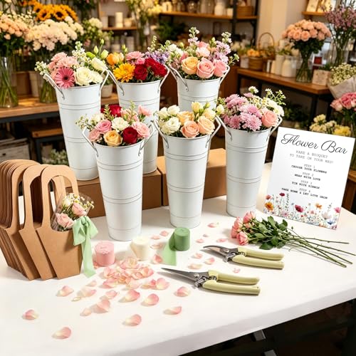 42 Pcs Flower Bar Buckets Set Kit Include Wood Stand 30 Craft Bags 6 Iron Buckets Garden Scissors and 3 Chiffon Ribbons for Wedding Bridal Shower Table Centerpieces Bloom Supplies
