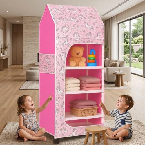 Image of YouCopia Baby Wardrobe Plastic Kids Storage Rack with Fabric Cover & Wheels | 6-Tier Plastic Shelves Organizer | Toy, Book & piceLiner Spice Drawer Liner, Kids Room (Unicorn)