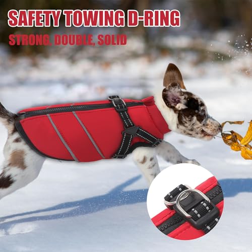 Mitili Warme Hundemantel Wasserdicht mit Geschirr, Reflektierend Hundejacke Winter für Kleine und Mittlere Hunde, Winddichte Hunde Wintermantel, Outdoor Hundeweste (Rot, M)