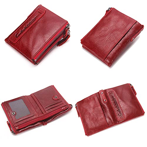 Image of CONTACTS Soft Leather Wallet for Women Small Bifold Coin Purse Double Zipper Card Holder with RFID Blocking (Red)