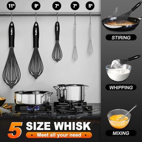 Image of Silicone Whisks set with 7+5in mini stainless steel whisk, Non Scratch Coated 7+9+11in Whisks for Nonstick Cookware,Premium for Blending, Whisking, Beating, Frothing & Stirring