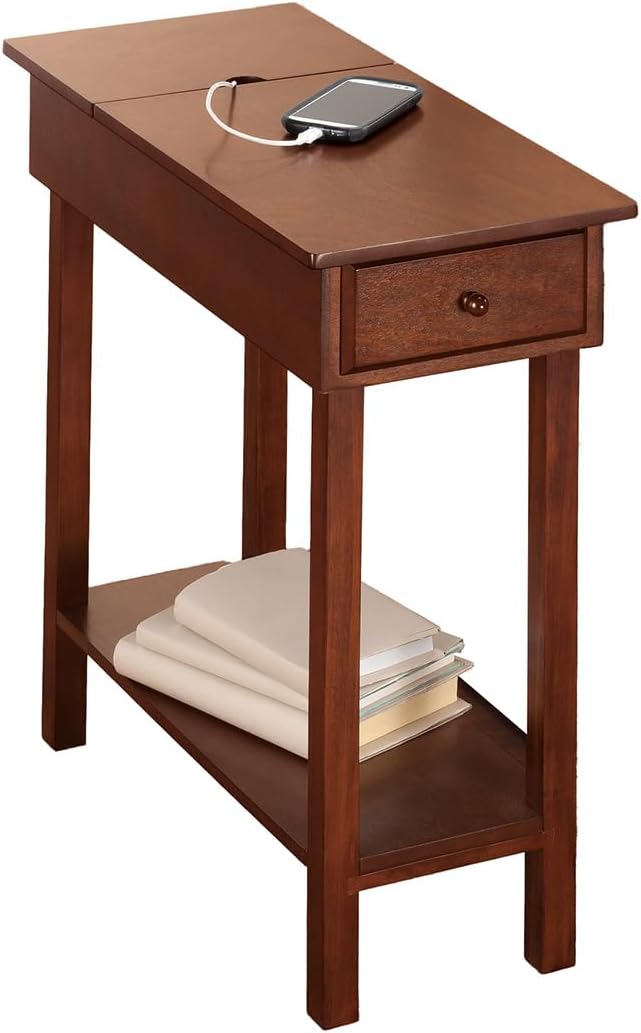 OakRidge Chairside Table with USB Power Strip, 11-in. Wide, Brown Wood Finish