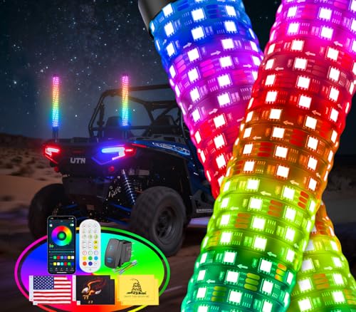 Ehaho 2PCS 3FT Fat Whip Lights for UTV ATV Led Fatty Whip Light W/Rocker Switch & 6 Flags Brighter Spiral Chasing Lighted Antenna Whip with APP & Remote Control for RZR SXS Can-Am X3 Off-Road