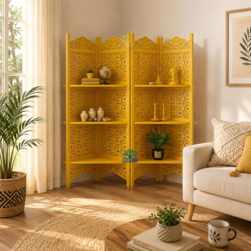 Image of Wooden Room Divider Partition with Display Shelves for Living Room | Foldable 4 Panel Decorative Privacy Screen Separator for Home, Office & Bedroom | Modern Gold Finish
