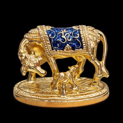 Image of Sai Amrut Handicraft Decorative Polystone Cow and Calf Big Statue /Idol for Gift Home Decor 8 inch (Golden)