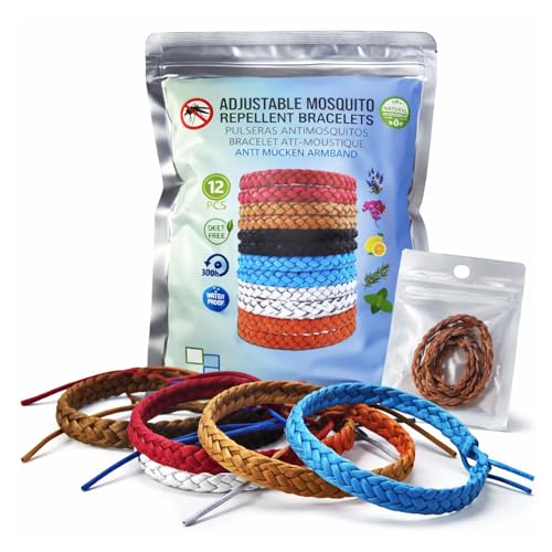Pulseras Repelentes de Mosquitos - 12 Pulseras Antimosquitos Bolsitas Individuales Auto Cierre - Natural Sin DEET Aceites Esenciales No Toxico - Aceite Canela Menta Geranio Hierba del Limón