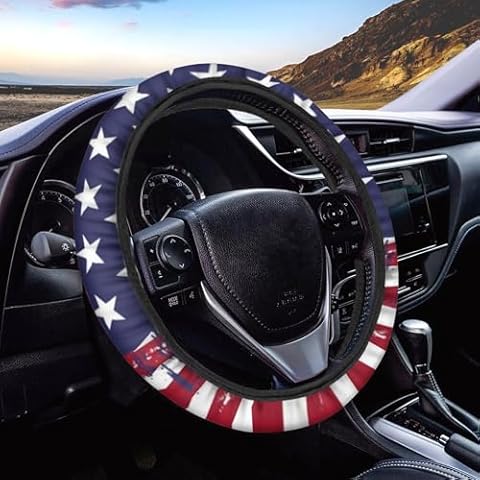 UNICEU Stretch-on Steering Wheel Cover, American Flag Print, Neoprene Car Steering Wheel Cover, July 4th Independence Day Auto Accessories Steering Wrap Cover Cover