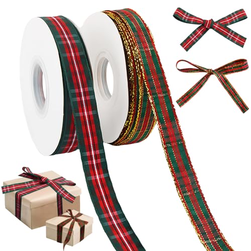 shallyong 2 Rollos Cinta Regalo Navidad Rojo Verde 1.5 cm 20 m, Cinta Navideña Roja Verde a Cuadros, Cintas Decorativa para Regalos, Cintas Navideñas de Tela para Arbol, Envoltura y Manualidades