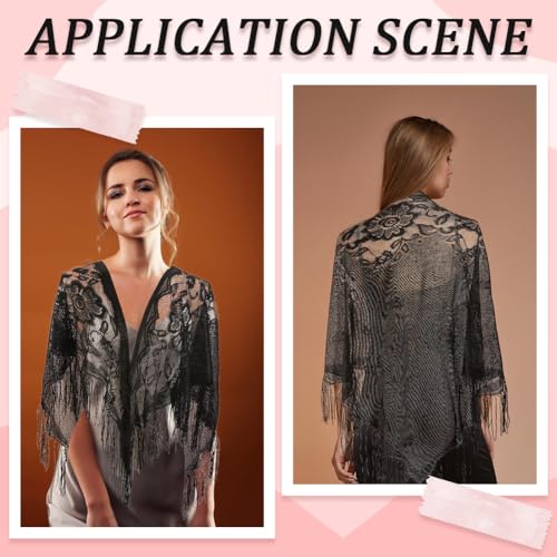 Black Floral Lace Shawl Wrap Triangle Lace Shawls and Wraps with Tassel Fringe Flower Pattern Hollow Breathable Solid Mesh Soft Summer Scarf for Women Formal Wedding Party Dress Accessories4