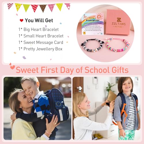 Image of First Day of School Mommy and Me Matching Bracelet Set kindergarden Pre-K Back to School Gifts Adjustable Heart Clay Bead Jewelry for Mother Daughter Dad Son