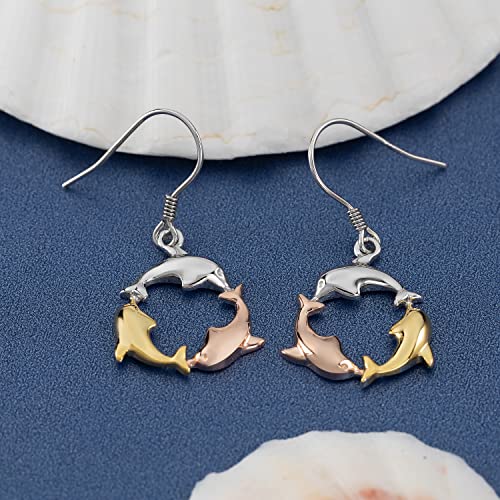 14K Gold Plated Tri-Color Three Dolphin Circle of Life Dangle Earrings3