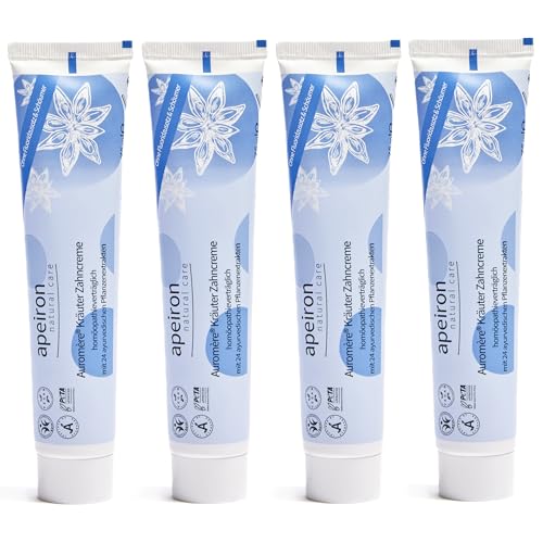 APEIRON Auromere Kräuter Zahncreme, Bei Homöopathie (4 X 75 Ml), Minze Geschmack, Bio Zahnpasta, Vegan, Fluoridfrei, Homöopathieverträglich, Naturkosmetik