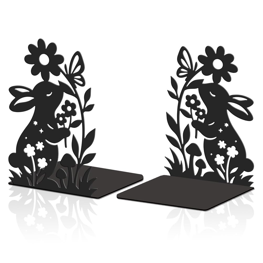 Hobbspring 2 Pcs Rabbit Design Iron Bookends Heavy Duty Metal Bookshelf Holders to Store Heavy Books as Decorative Bookcase and Shelf Decor Perfect for Office Desk or Home Library