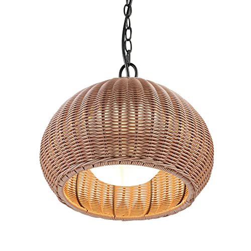 Novogratz X Globe 44761 1-Light Outdoor Plug-In Pendant Light, Plastic Rattan Shade, Frosted Inner Shade, Bronze Hanging Cord And Chain, E26 Base Socket, Kitchen Island, Café, Ceiling Hanging Light #TOP6