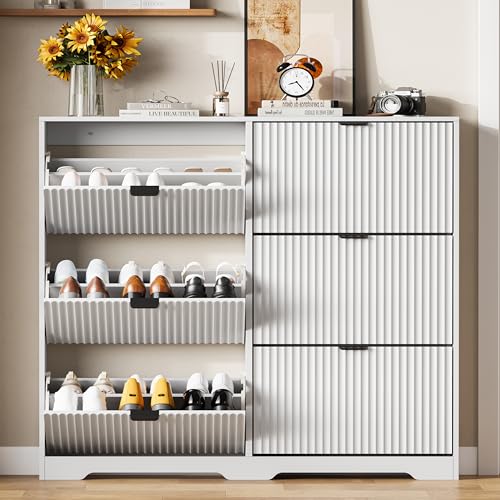 Image of HUANLEGO Shoe Cabinet Storage for Entryway with 6 Flip Drawers, White Fluted Shoe Cabinet with Adjustable Shelves, Wooden Hidden Shoe Rack Freestanding Narrow Slim Shoes Storage for Hallway, Entrance