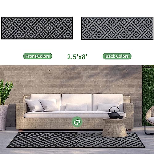 Image of GENIMO Outdoor Rug, Waterproof Plastic Runner Rugs, 2.5'x8' Black Grey | Outside Modern Carpet Mat for Patio Decor, Porch, Deck, Balcony, Camping, RV, Picnic, Beach, Reversible, Foldable