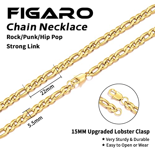 Jewlpire 5.5mm/7mm Stainless Steel Figaro Chain Necklace for Men, 14K Over Gold Chain for Men, Mens Jewelry Gift 16 18 20 22 24 26 Inch3