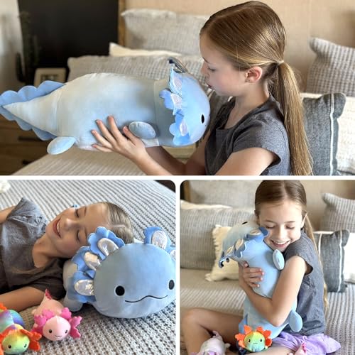 Image of MaoGoLan 23.5 inch Axolotl Plush with 3 Baby Axolotl Stuffed Animals | Large blue axolotl plush with 3 baby axolotls inside, great for cuddling, play, room decor, and gifts.