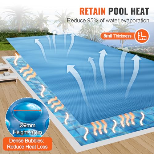 VEVOR Solar Pool Cover, 24 x 12 ft Rectangle Solar Blanket for Pools, Inground Above Ground Swimming Pool Solar Cover, 8 mil Solar Covers Blue