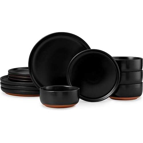 E-far 12-Piece Stoneware Plates and Bowls Sets, Dinnerware Sets for 4, Ceramic Dishware Dishes Set with Terracotta Base, Chip & Scratch Resistant, Microwave & Dishwasher Safe, Matte Black