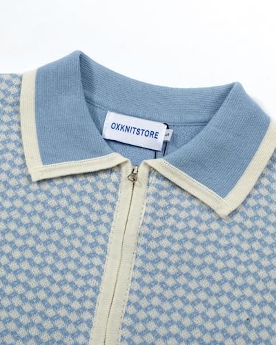 OXKNIT Men's Zipper Retro Polo Shirt Textured Casual Knit Short Sleeve Blue Polo T Shirt3