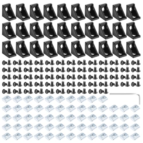 30 Set Black Aluminum Extrusion Profile Connector, Includes 1pc Wrench, 30pcs 2028 Corner Bracket, 62pcs T-Slot Sliding Nuts and 62pcs M5 Hex Screw Bolt for 20S Aluminum Rail Accessories