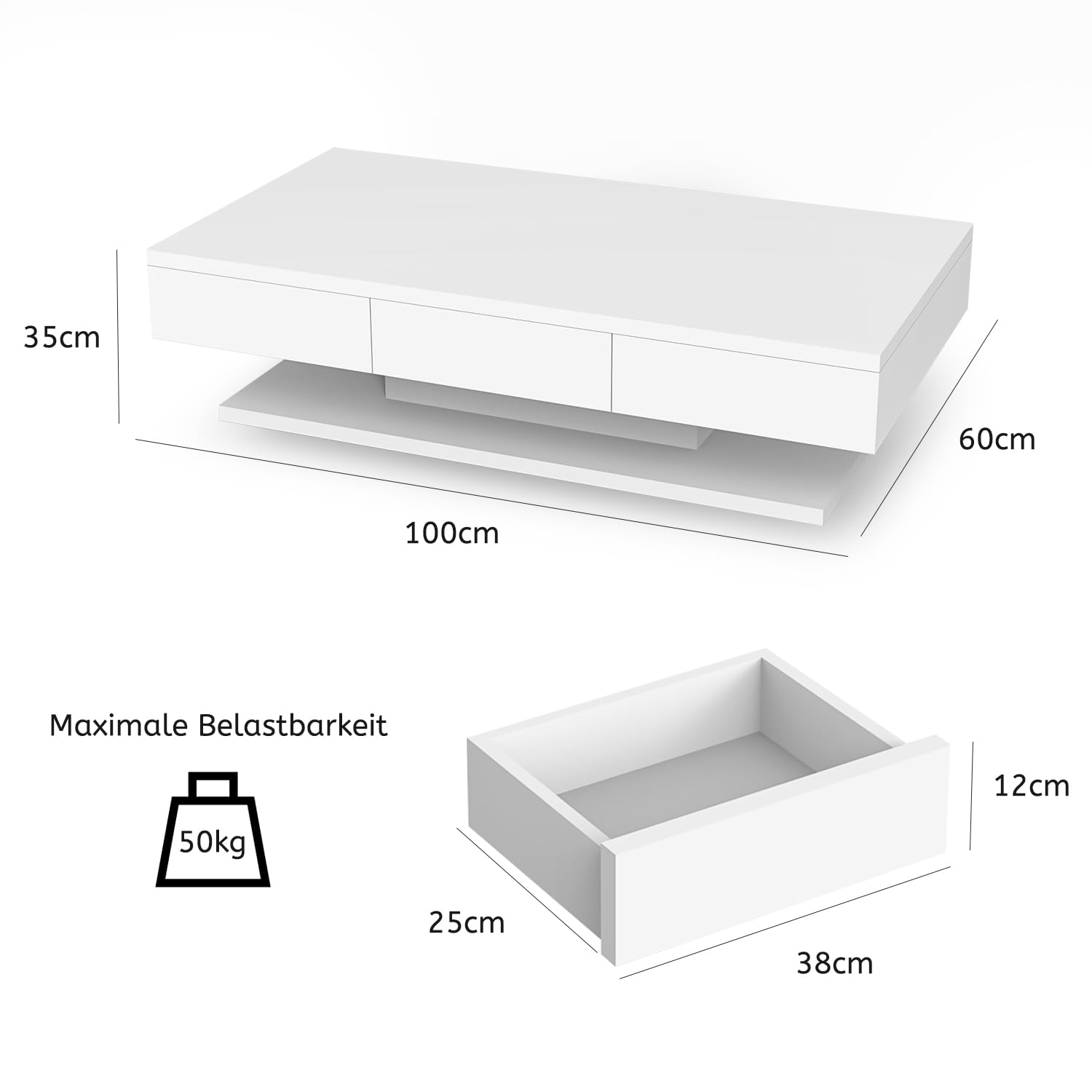 Couchtisch, Modern Sofatisch Wohnzimmertisch mit 2 Schublade, Wohnzimmertisch Hochglanz Modern, Beistelltisch Weiss mit Offenem Ausstellungsregal Weiß, 100 * 60 * 35cm(LED Nicht enthalten)