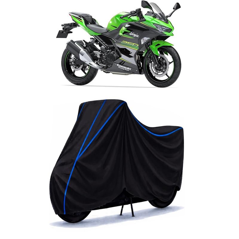 Image of Ninja 250 Bike Cover Water Resistant Universal Motorcycle Rain | Heavy Duty UV Protection, Dust, Scratch Indoor Outdoor All Weather with Black Blue Piping Elastic