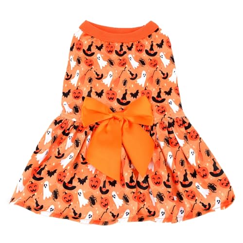 Zunea Halloween Dog Dresses for Small Dogs Cats Pumpkin/Ghosts/Bat/Spider Print Puppy Girl Halloween Costumes Fancy Dress Soft Pet Skirt with Bow Knot Chihuahua Yorkie Clothes Outfits Orange XL - Image 3