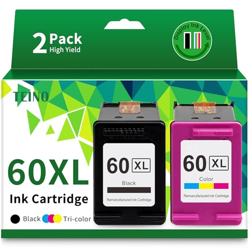 TEINO Remanufactured Ink Cartridge Replacement for HP 60 XL 60XL for PhotoSmart C4780 C4795 C4680 C4650 D110 D110a DeskJet F4480 F4280 F4580 D2530 D2545 Envy 100 Printer (Black, Tri-Color, 2-Pack)