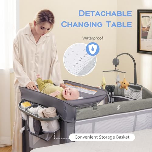 GYMAX Baby Travel Cot, 5-in-1 Portable Baby Bed Playard with Changing Table, Storage Pocket and Hanging Toys, Adjustable Infant Bassinet Nursery Center (Classic) - Image 5