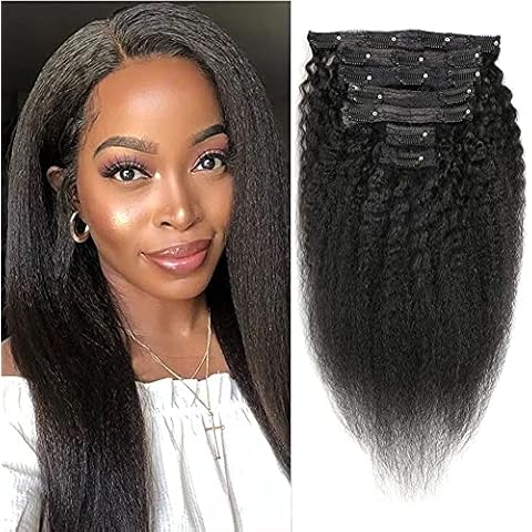 Kinky Straight Clip In Hair Extensions for Black Women Real Human Hair Coarse Yaki Clip Ins Hair Extensions, Brazilian Remy Kinky Straight Clip ins Hair Natural Black 7Pcs 100Gram/Pack (18 Inch) Cover