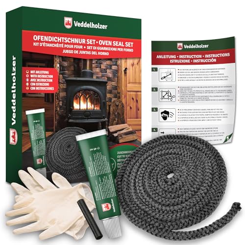 Juego completo Veddelholzer Ø 10mm cinta de sellado, sello de hornos, cordón para estufas, hornos y accesorios de chimeneas Incl. adhesivo de alta temperatura, guantes, manguitos e instrucciones.