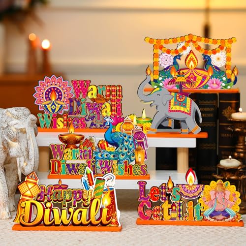 Image of CroBlissful 6 Pcs Diwali Wooden Table Centerpiece Warm Diwali Washes Wooden Table Sign Festival Candle Elephant Peacock Signs Farmhouse Wood Tabletop Decor for Home Party, 6 Styles