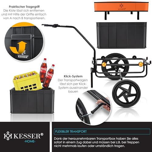 KESSER® Fahrradanhänger, Lastenanhänger, Handwagen mit Kupplung, Hochdeichsel, für Fahrrad Transportanhänger Transportbox mit 70 Liter Volumen, Max. 60kg, + Zubehör für Fahrräder mit 26-28, Orange
