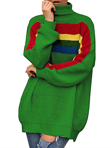 pedkit Moda Feminina De Malha Camisola Listras Coloridas De Gola Alta Manga Comprida Solta Jumper Qu