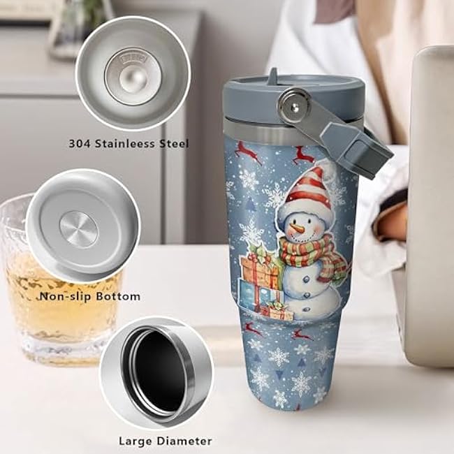 30oz Christmas Snowman Tumbler - Insulated Travel Mug with Lid, Straw, Handle, Ideal for Holiday Gifts, Hand Wash Only