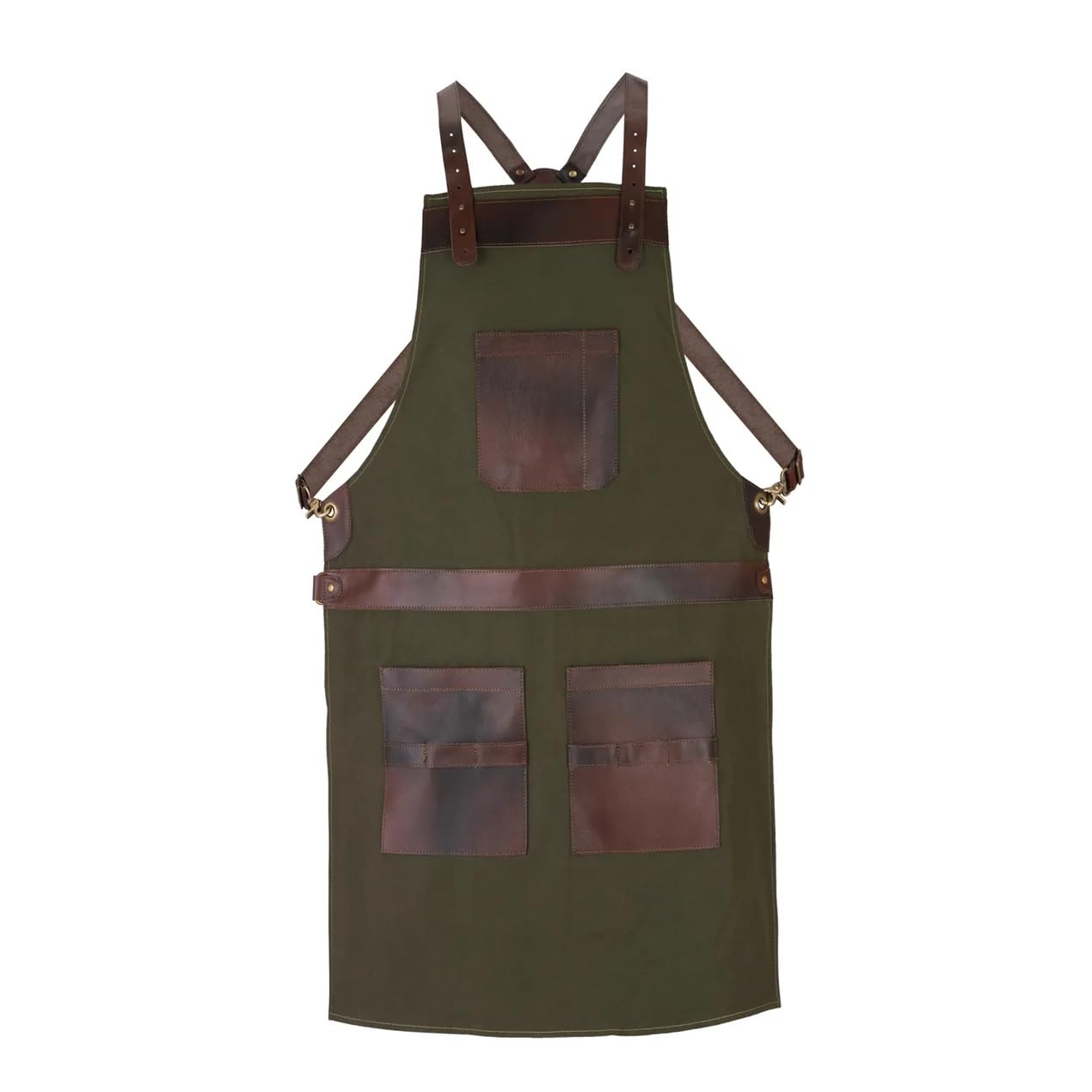 Canvas Full Grain Handmade Leather Apron Butcher, Cook, BBQ Grill, Chef, Woodwork, Apron (Green Brown)